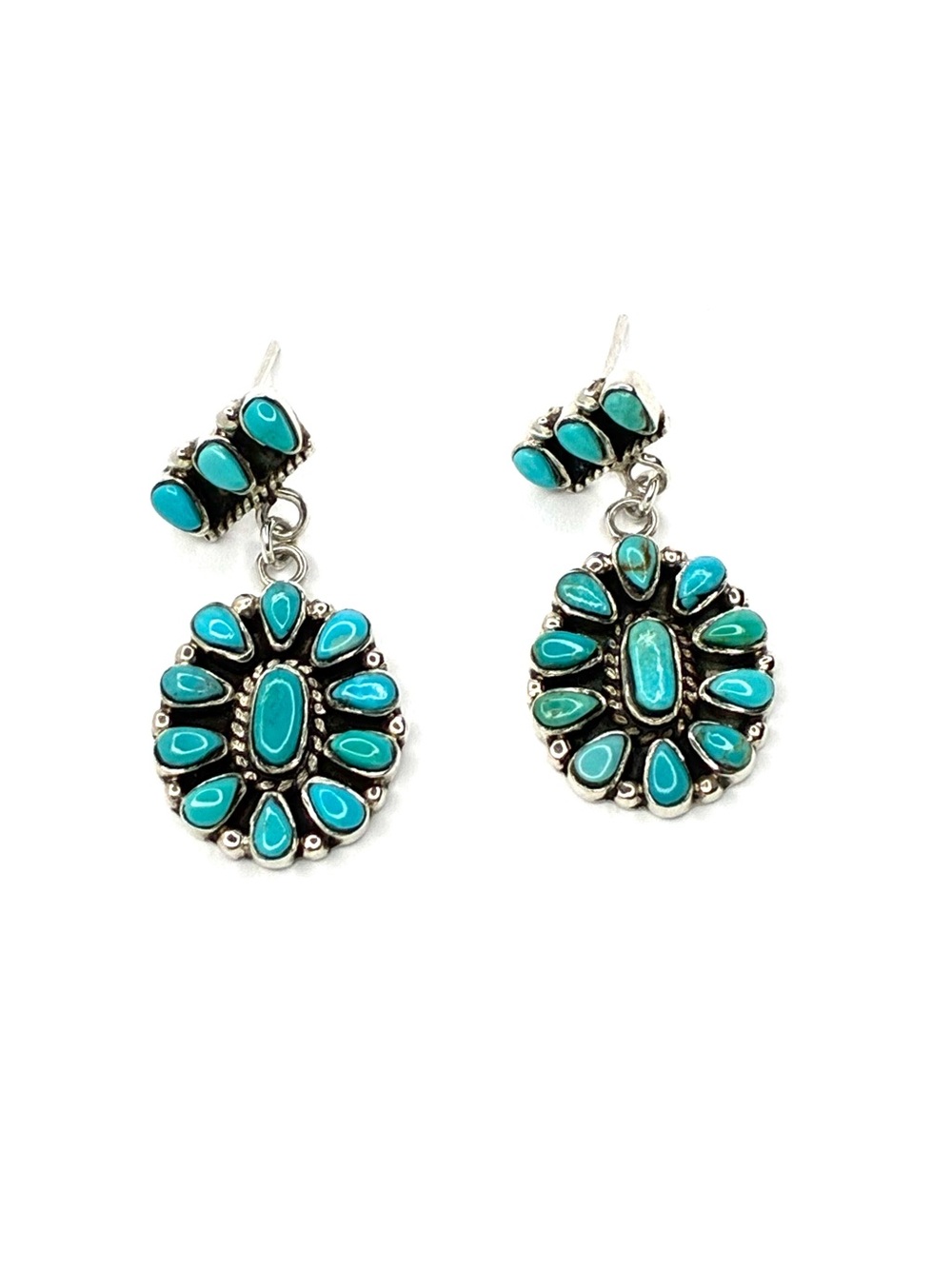 Vintage Zuni Turquoise Cluster Dangle Earrings - Sterling Silver Petit Point